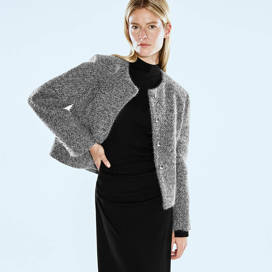 COVERINS秋季新款智性风灰色圆领短外套CC34310230