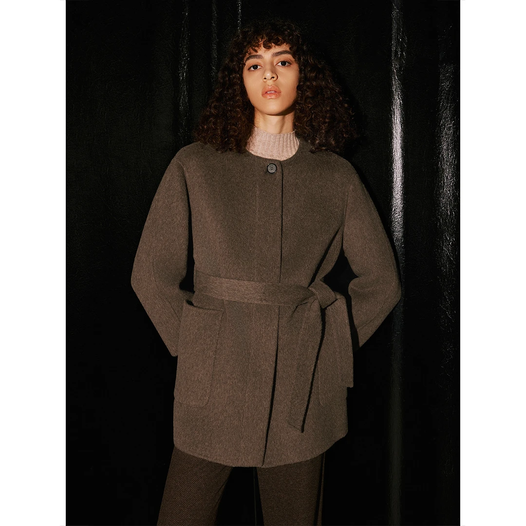 COVERINS冬季双色骆驼绒羊毛混纺围脖式大衣女外套CC33580240