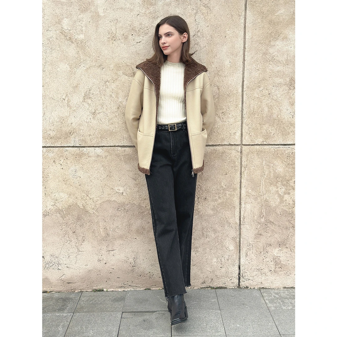 INSUN恩裳专选冬季大翻领双面环保皮衣外套9C64510170