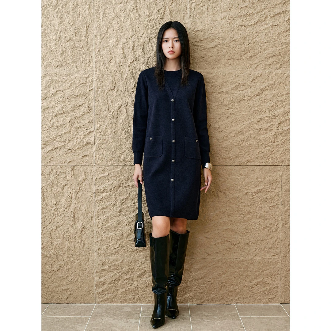 INSUN恩裳2025春季时尚假两件羊毛针织连衣裙9C65106500