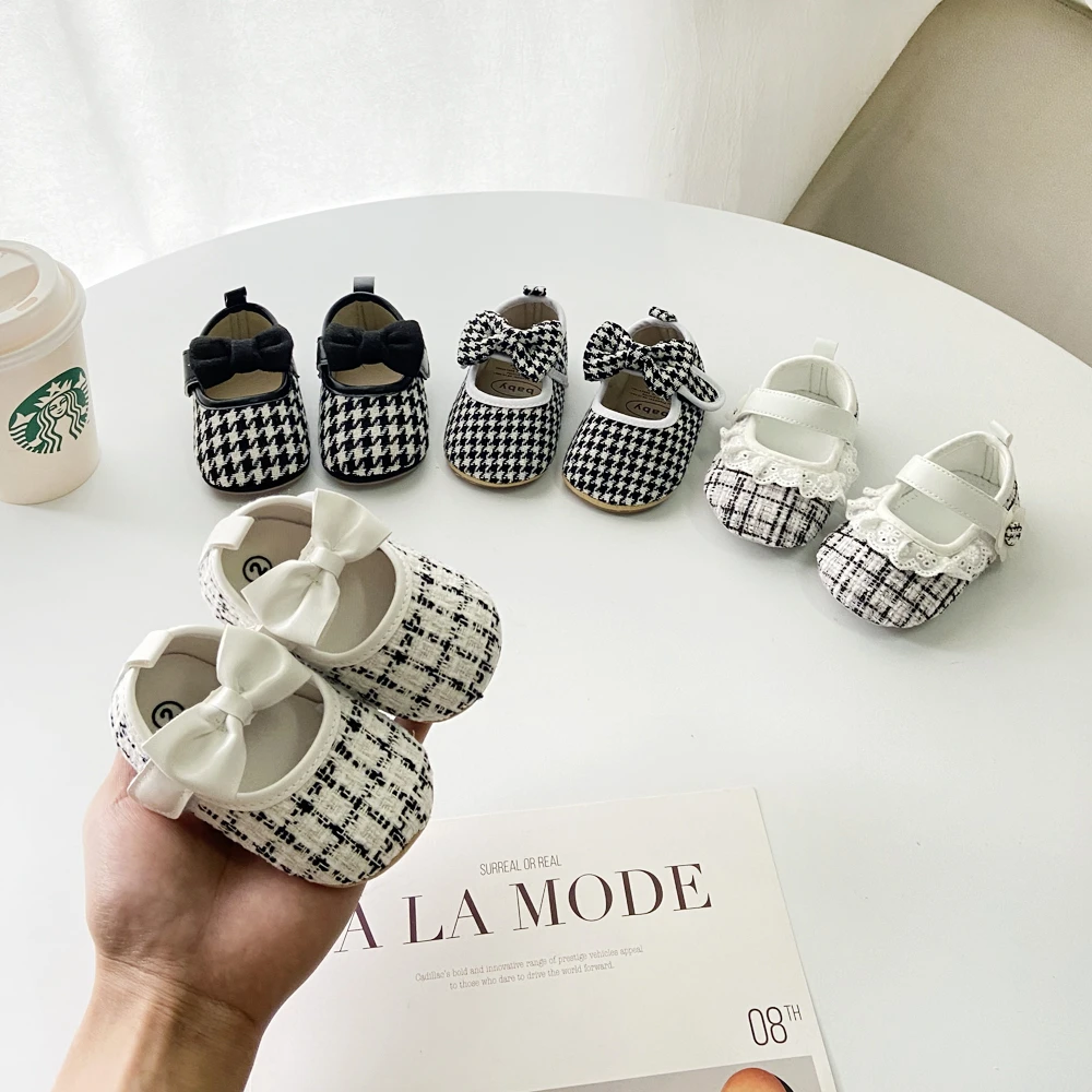 千鸟格婴儿鞋子春秋款女童小月龄宝宝可爱蝴蝶结公主鞋格子学步鞋