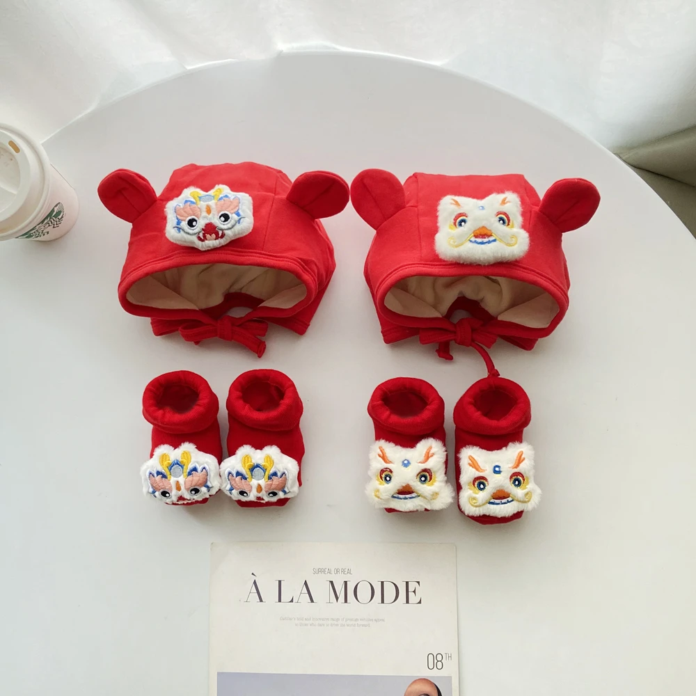 红色婴儿帽子袜子秋冬款男女童小月龄宝宝满月百天喜庆加绒包头帽