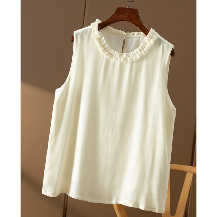 精致优雅 法柜高奢桑蚕丝丝绒花边领无袖背心女春天家4S70
