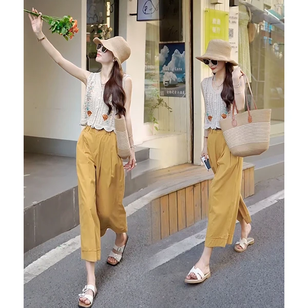 法式镂空设计感刺绣无袖短款背心2025夏季时尚简约休闲九分裤套装