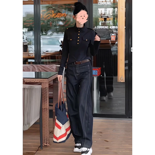 2024秋季网红复古工装显瘦气质半开领长袖打底衫+高腰百搭牛仔裤