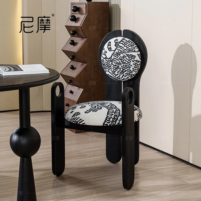 尼摩比利时设计师网红单椅家用中古实木餐椅侘寂靠背椅水墨梳妆椅