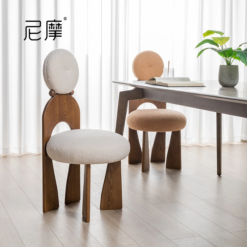 尼摩中古现代简约软包餐椅羊羔绒椅子家用靠背椅轻奢化妆椅梳妆椅