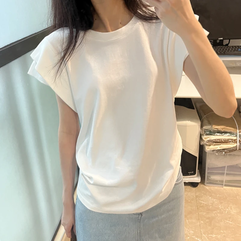 基础款白色百搭设计感双层小飞袖正肩t恤女圆领休闲短袖上衣夏季