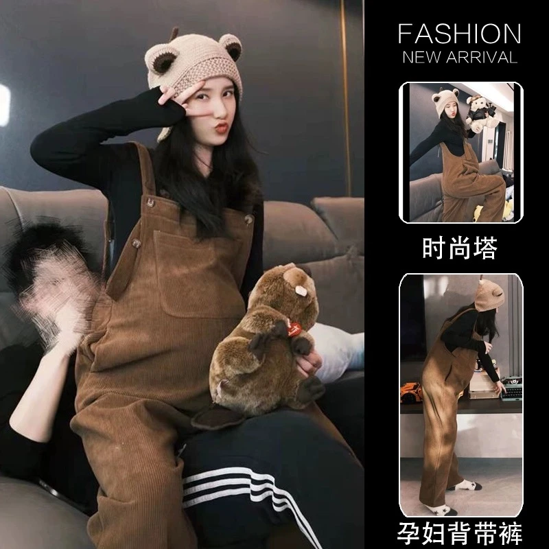 孕妇装春秋季时尚款雪尼尔背带裤外穿显瘦网红款连体阔腿直筒裤子