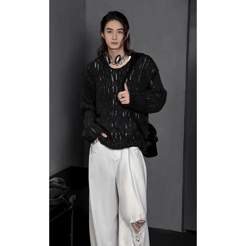 龙叨叨2024秋季新品韩系微镂空设计宽松针织衫慵懒风毛衣上衣男