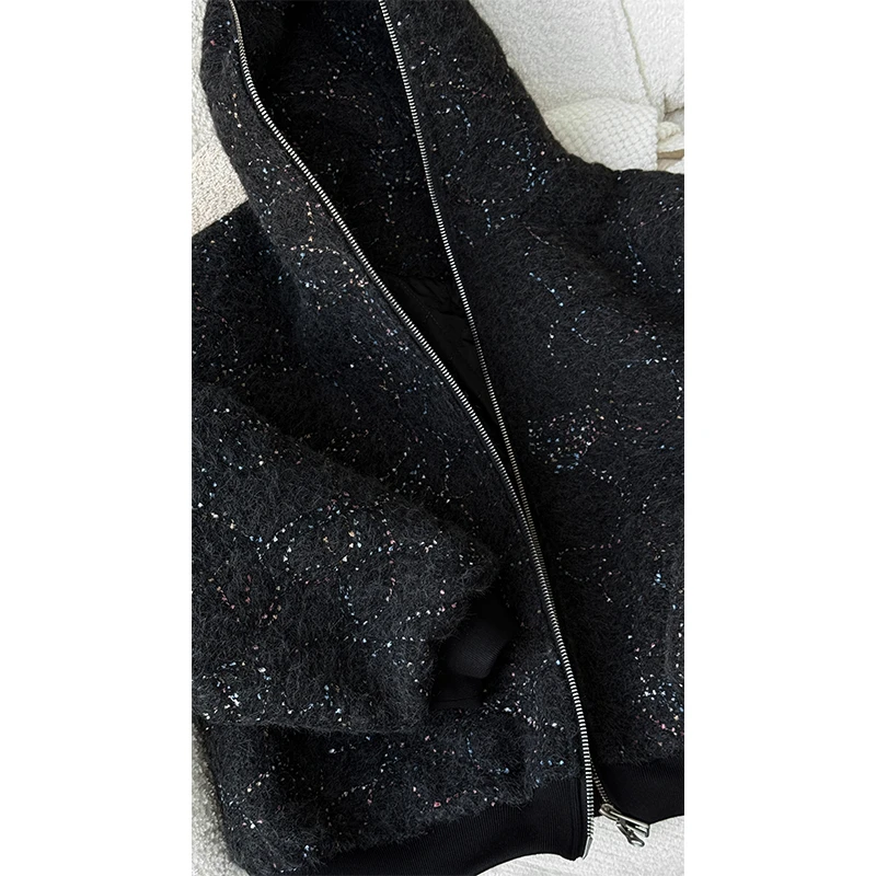 龙叨叨2024秋冬新款原创设计款连帽卫衣美式休闲拉链夹棉开衫外套