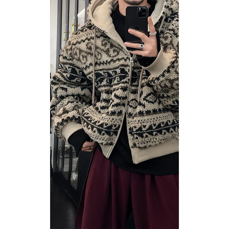 龙叨叨冬季新品复古花纹设计款毛绒外套休闲百搭保暖连帽卫衣上衣