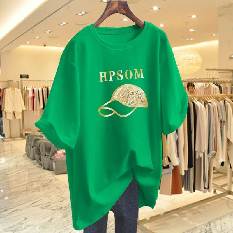 绿色纯棉短袖T恤女夏季2024新款欧货大版宽松半袖体恤中长款上衣