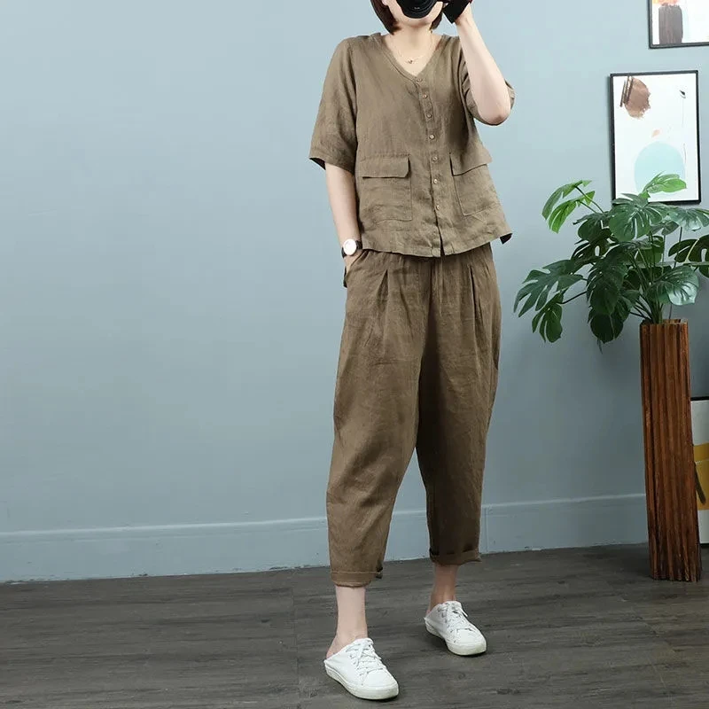 纯色纯棉长裤套装女夏新款大码显瘦纯棉短袖哈伦裤休闲两件套宽松