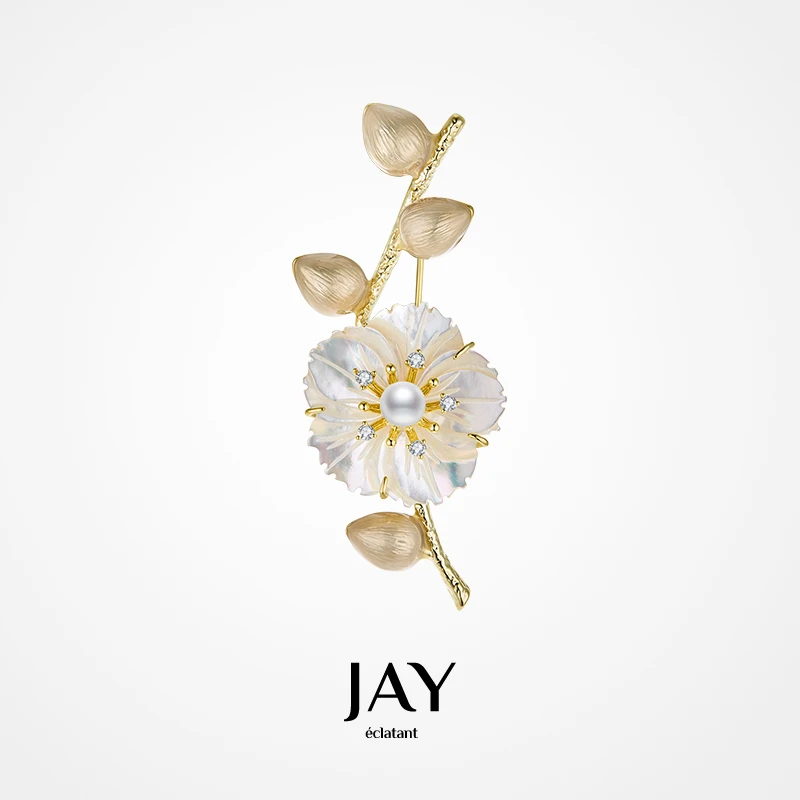 Jay 合金仿珍珠胸针 木槿花胸针女奢华西装胸花别针小众西装配饰