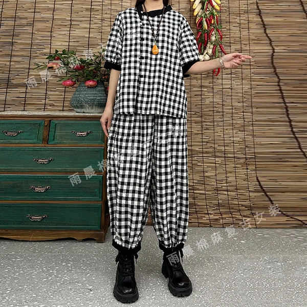 新款洋气时尚休闲格子拼接套装短袖衬衫松紧腰九分灯笼裤两件套