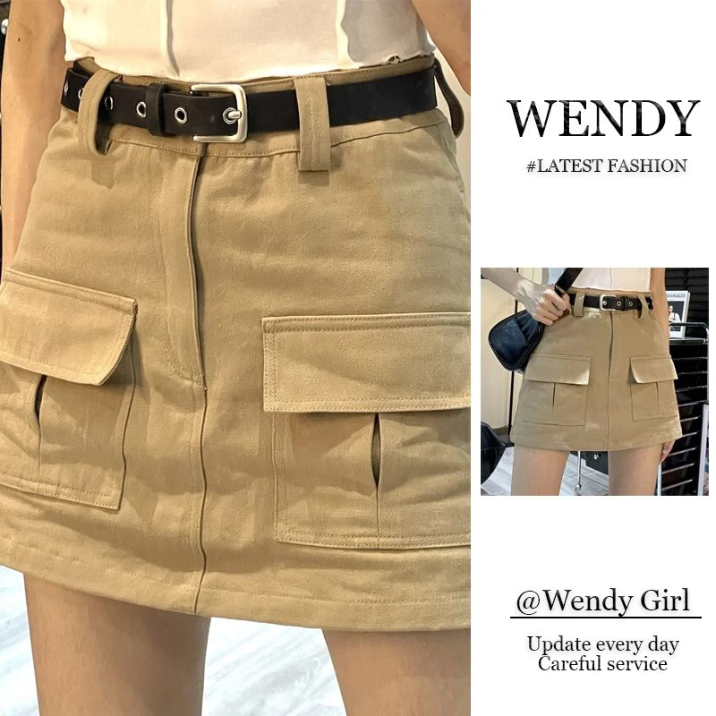 卡其色牛仔半身裙女初秋小个子辣妹高腰显瘦短裙口袋a字工装裙子