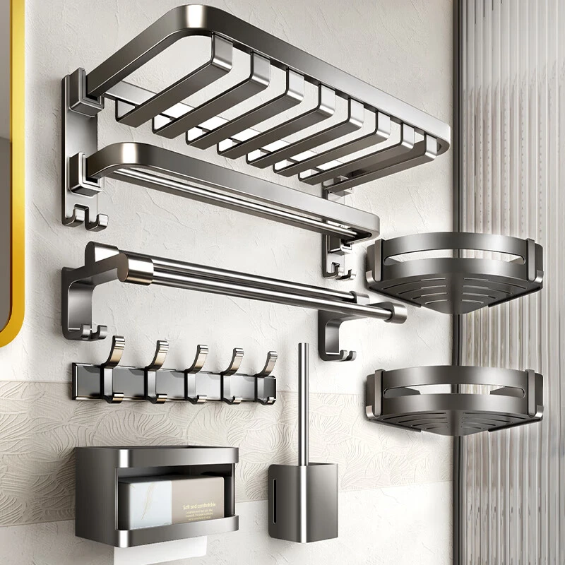 天地鱼毛巾架卫生间置物架免打孔浴室壁挂式厕所洗手间枪灰浴巾架