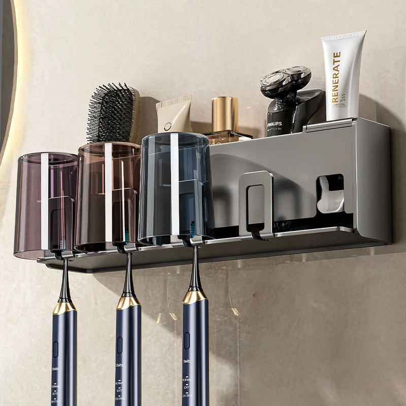 卫生间牙刷架置物架壁挂式免打孔刷牙漱口杯挂墙架子电动家庭套装