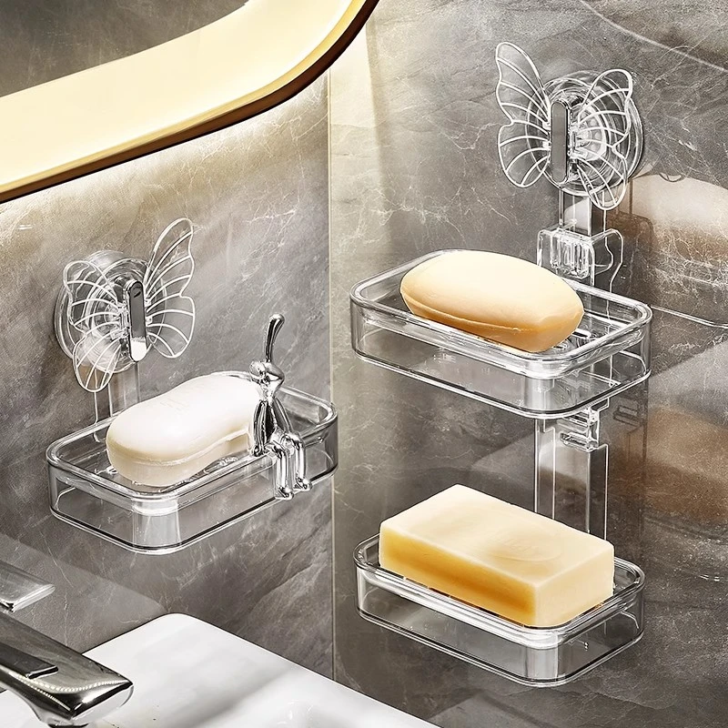 轻奢创意蝴蝶吸盘肥皂盒家用壁挂收纳盒免打孔壁挂双层沥水置物架