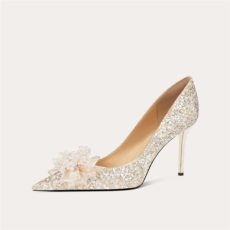 浅口高跟鞋女鞋单鞋细跟银色尖头婚鞋伴娘气质白色时尚结婚鞋金色