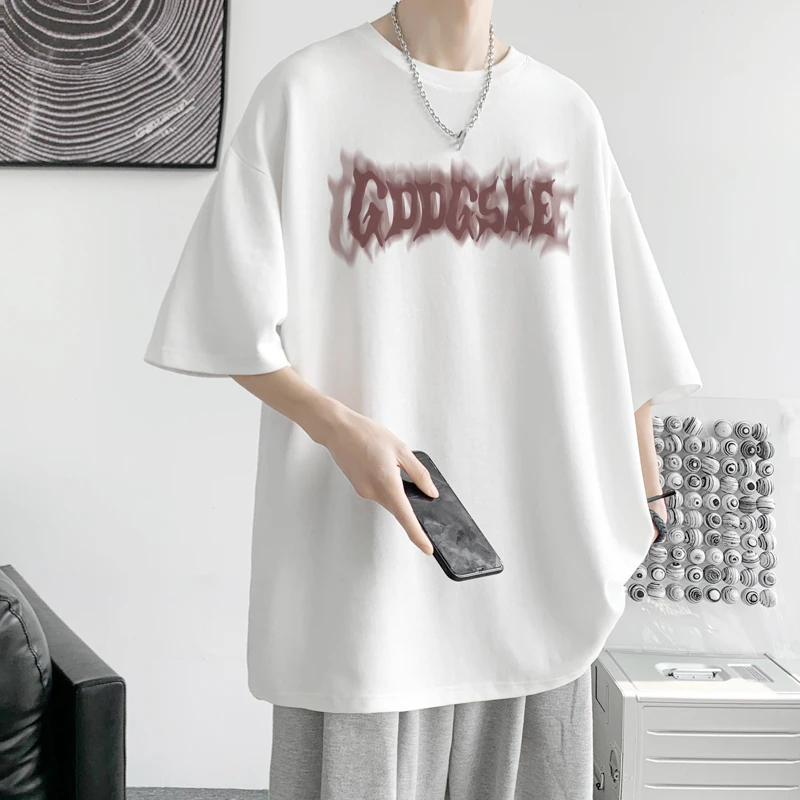 MXY夏季男士纯棉百搭短袖双层模糊字母设计感T恤简约宽松休闲圆领