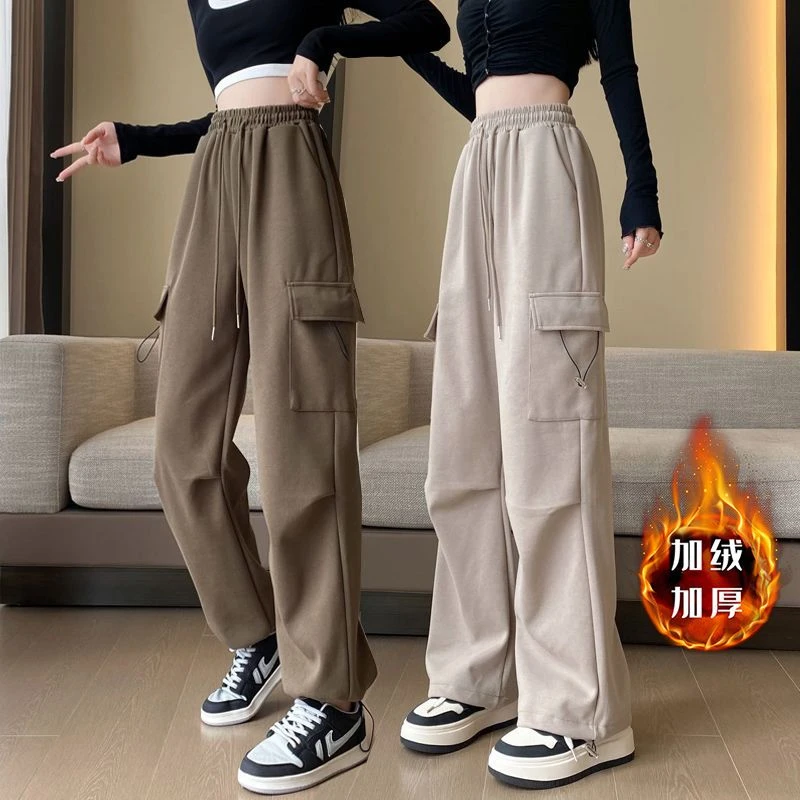 美式加绒加厚工装裤女秋冬新款束脚直筒裤百搭保暖裤休闲长裤子