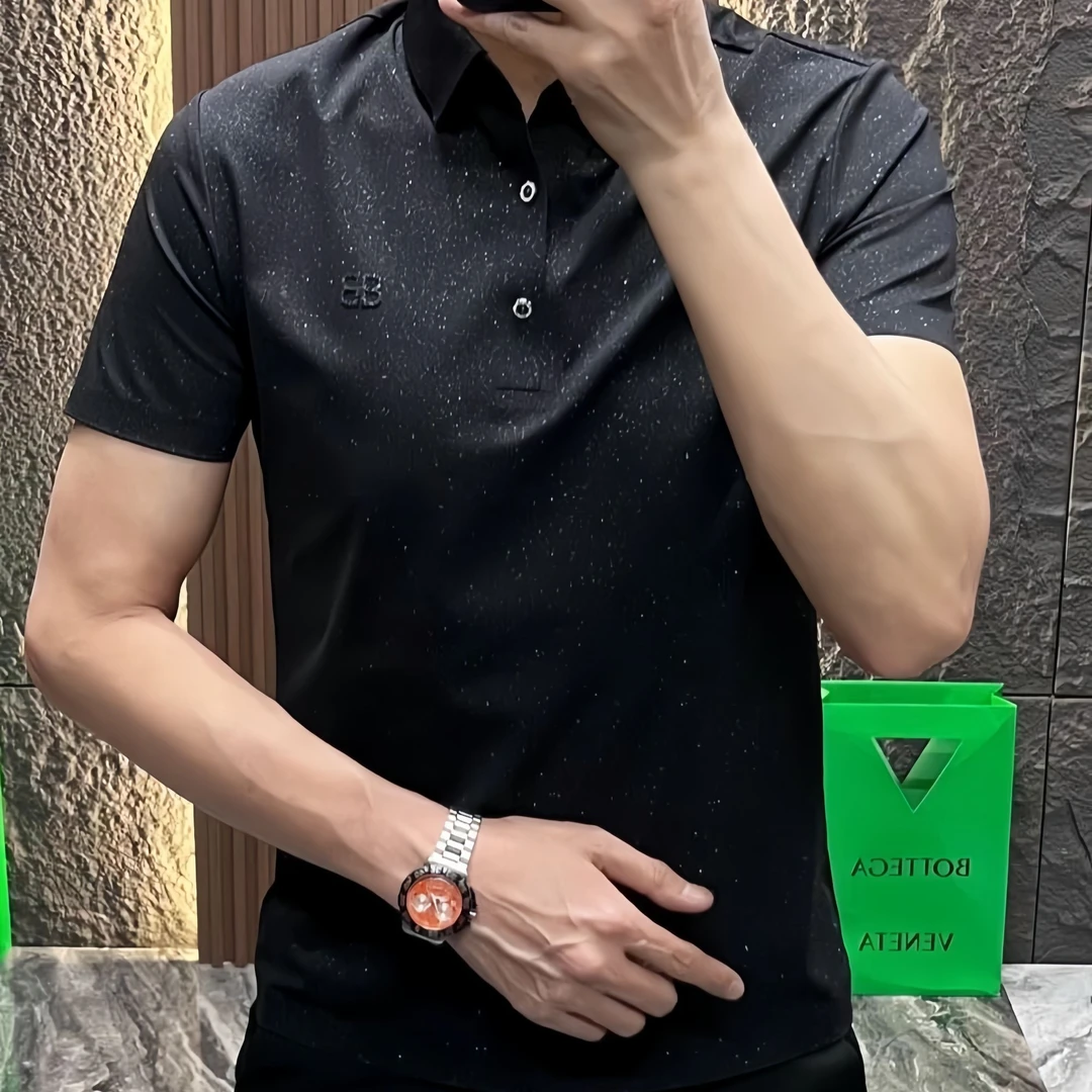 欧洲站2024夏季新款高品质满天星翻领T恤潮流帅气商务打底衫休闲