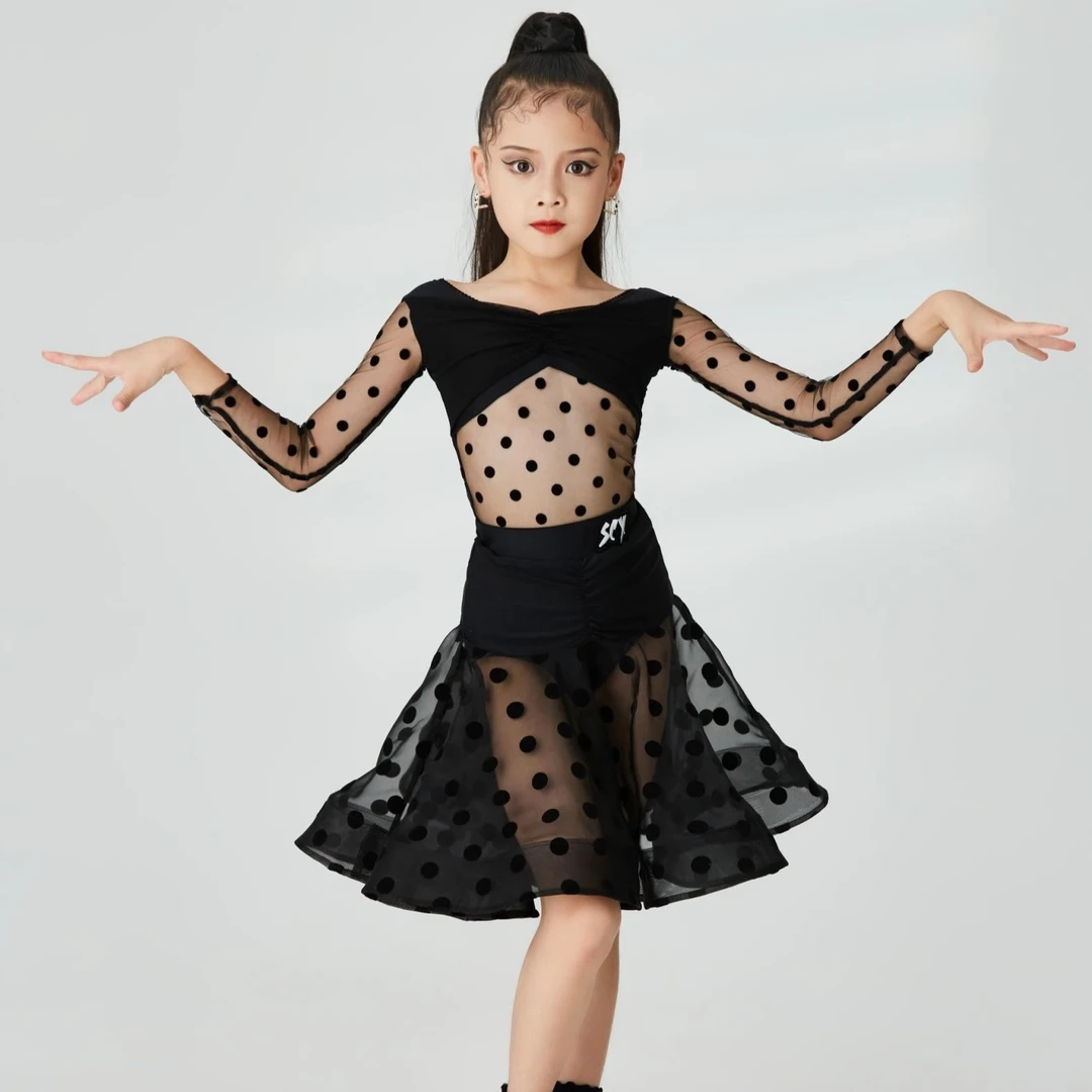 尚裁艺拉丁舞服超仙复古黑色波点秋季特色设计款训练练功服22083