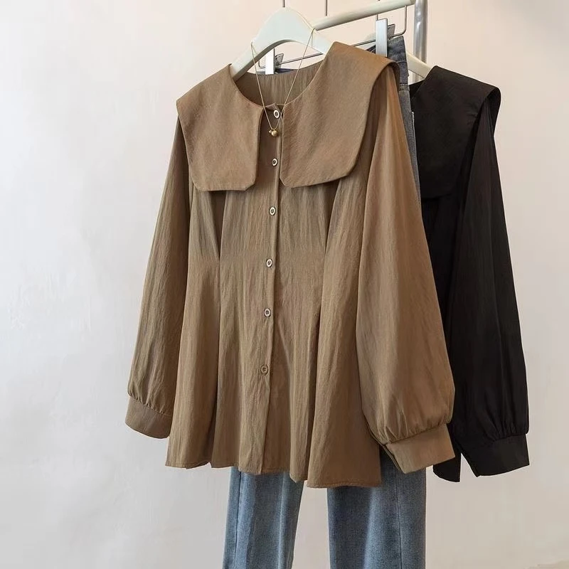 大码女装2024秋季新款时尚胖mm休闲收腰纽扣宽松显瘦长袖衬衫上衣
