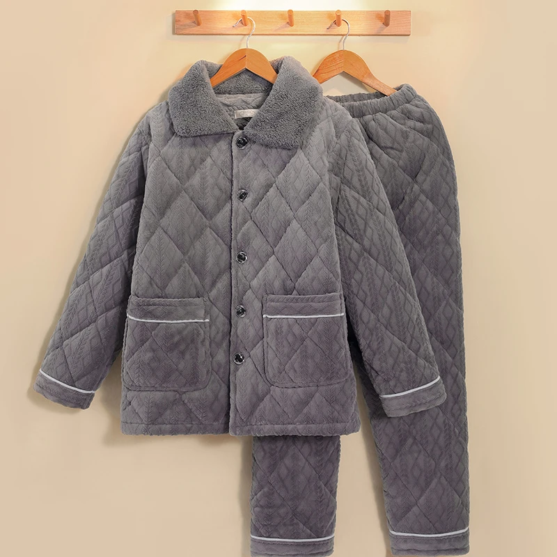 保暖冬季睡衣加厚冬款加绒套装中老年爸爸珊瑚绒居家夹棉袄家居服