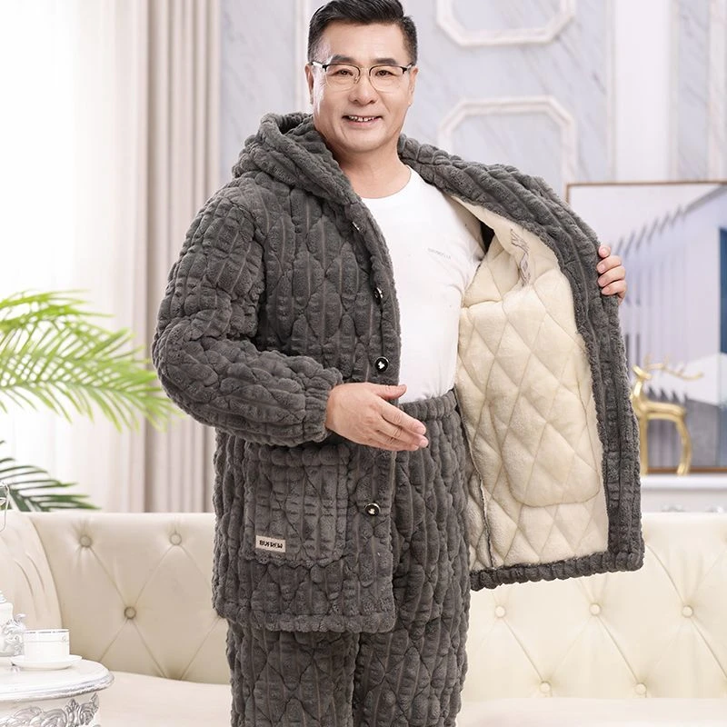 秋冬季男士连帽睡衣珊瑚绒三层夹棉加绒加厚中老年人爸爸爷爷套装
