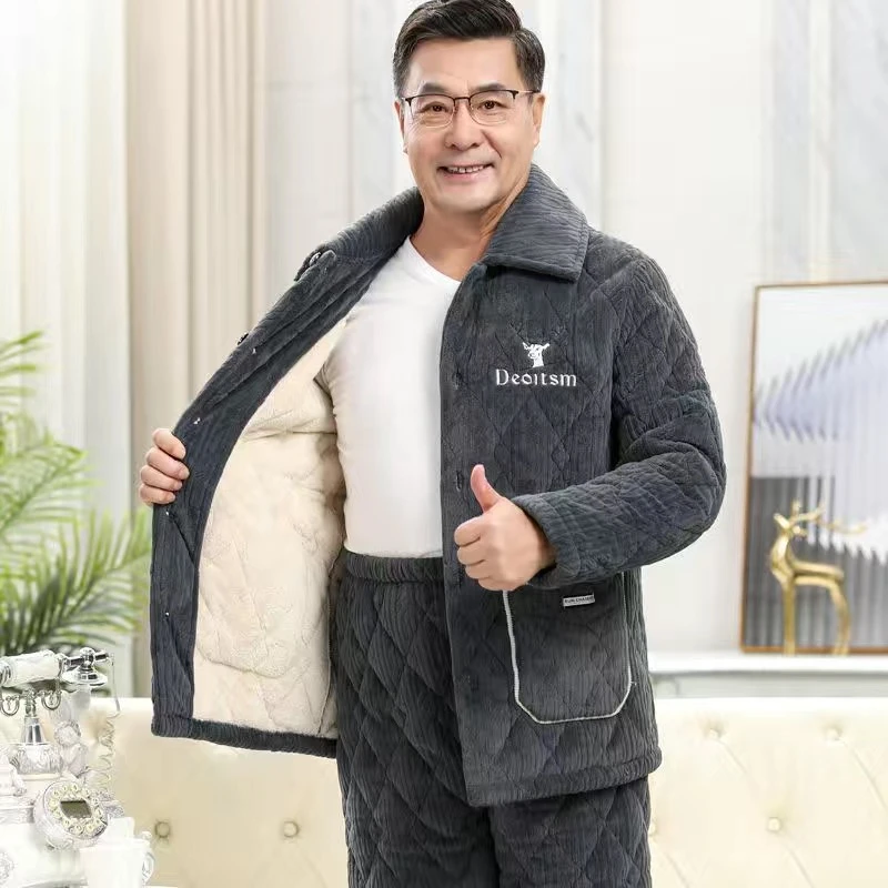 爸爸男士睡衣冬天珊瑚绒三层加厚夹棉中老年人保暖加绒家居服大码