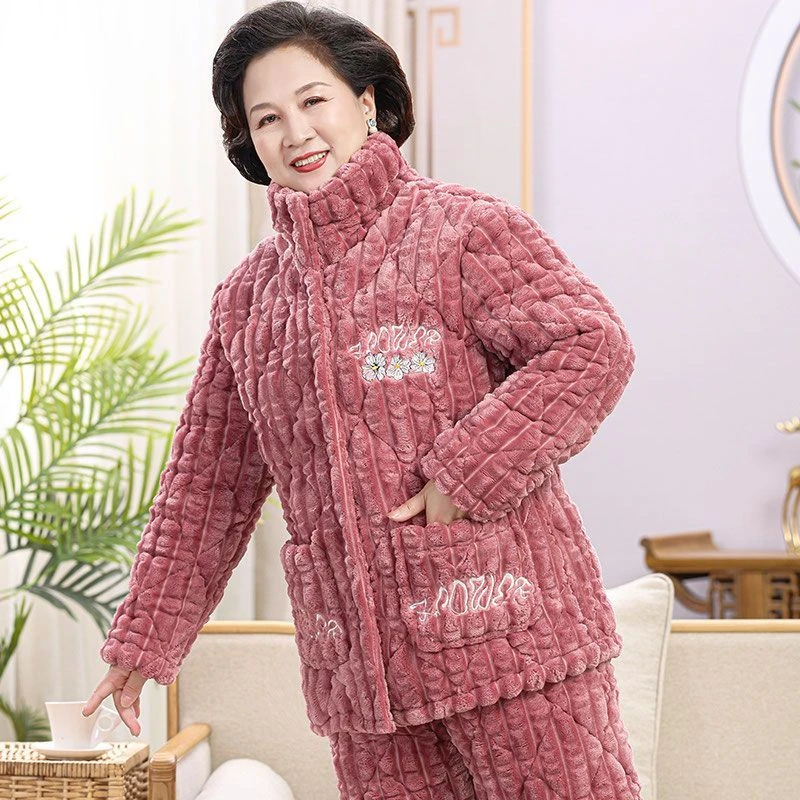 2022新款冬季中老年珊瑚绒睡衣女士加绒加厚妈妈夹棉袄保暖家居服