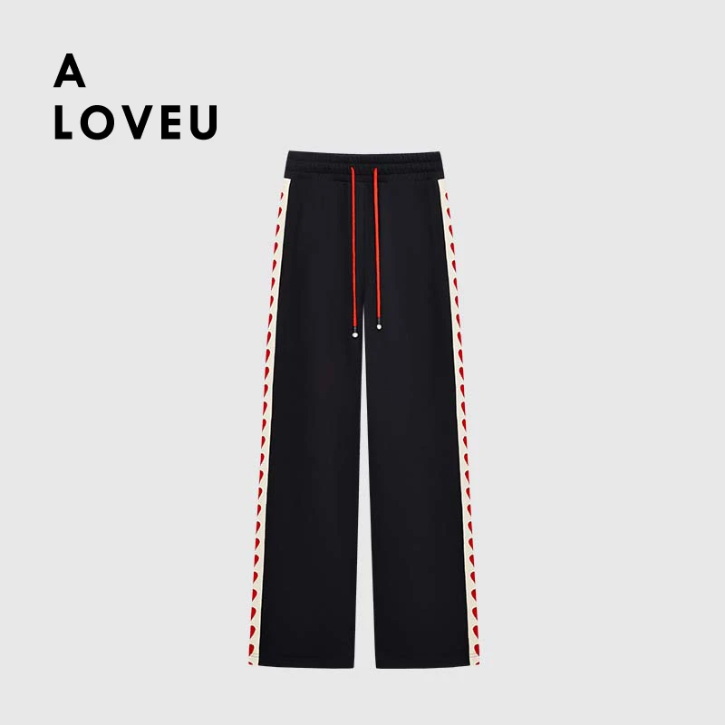 【新品】A LOVEU官网 撞色织带设计松紧腰休闲裤女2023秋冬直筒卫裤
