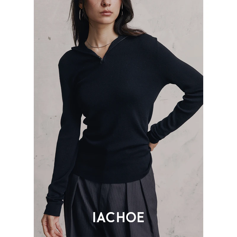 IACHOE 无压感毛衣扬子纱百分百羊毛连帽紧身打底衫3471505016
