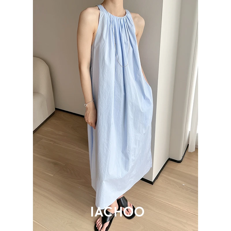 法式无袖挂脖连衣裙春夏新款高级感露肩气质显瘦3331316009