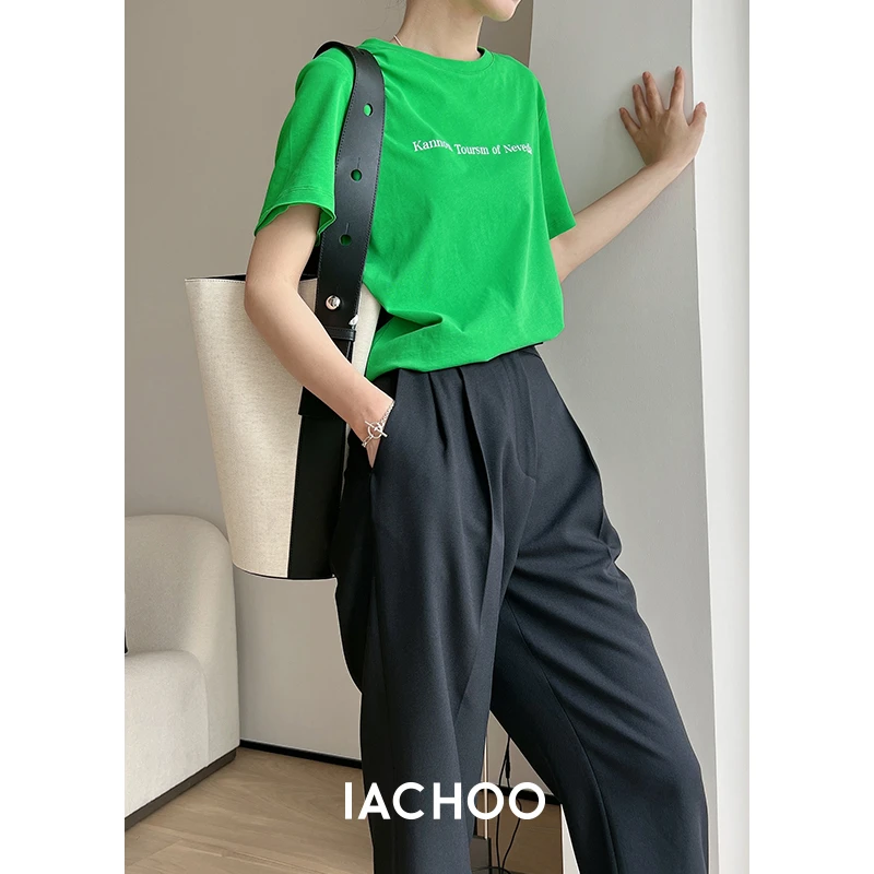 IACHOE【摸鱼款】女装时尚休闲百搭显瘦绿色字母夏季T恤3331301003