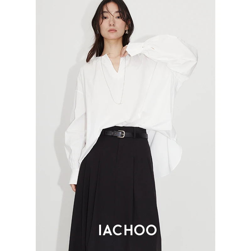 IACHOE 白色长袖衬衫早秋花苞袖V领衬衣简约设计师风3461504005