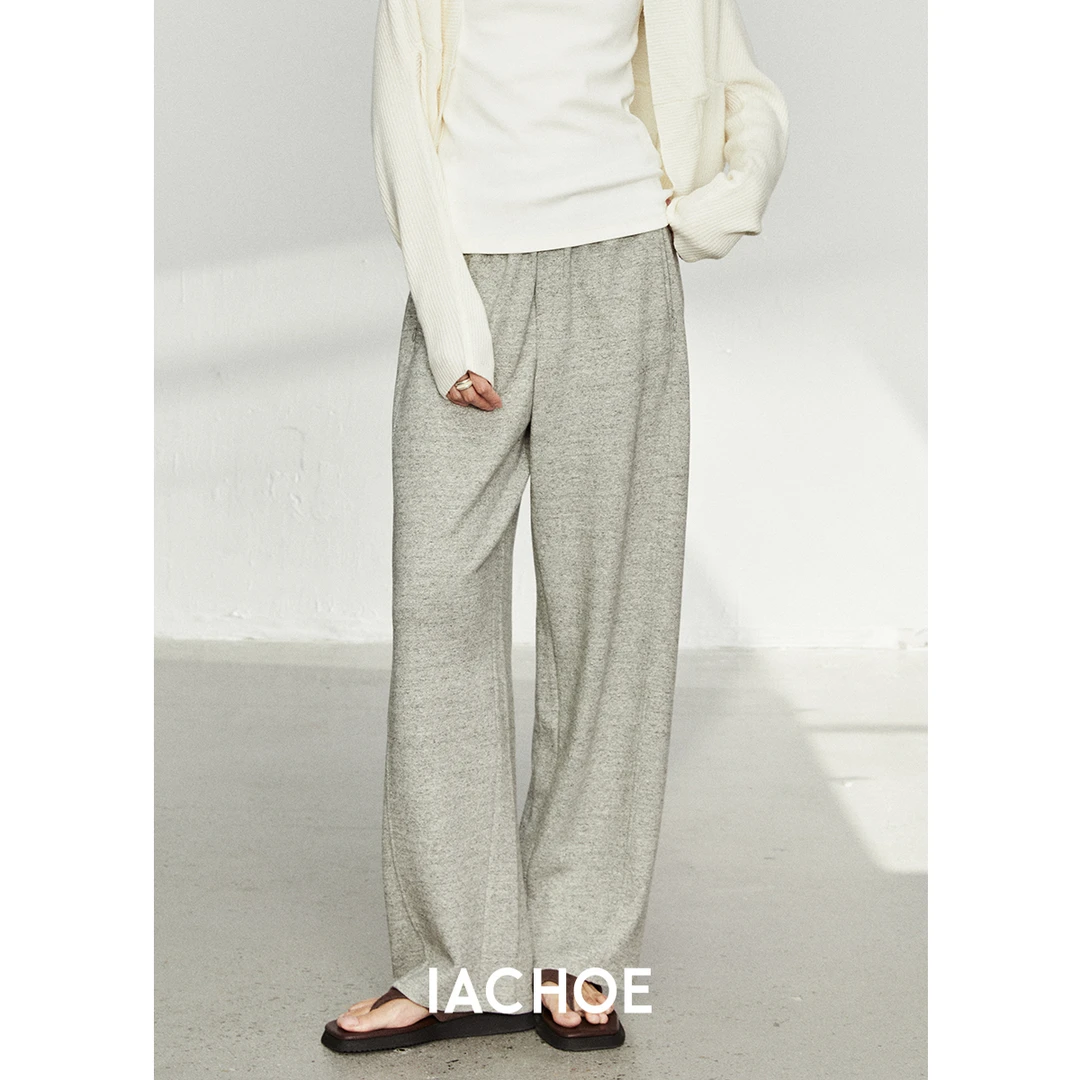 IACHOE【双11好物】【黑&芝麻】阔腿松紧直筒休闲裤3571518001