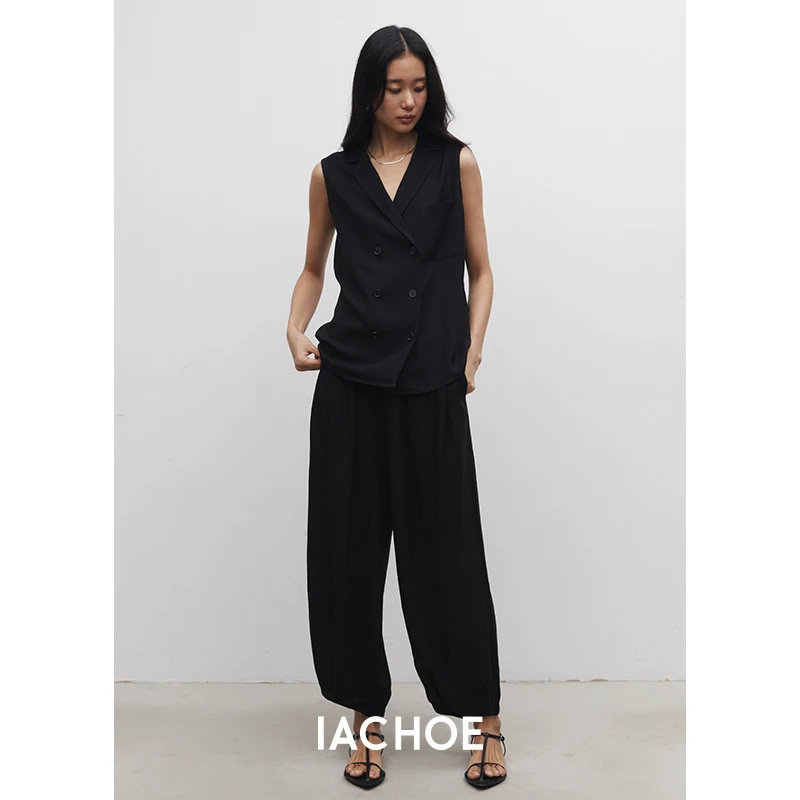 IACHOE【灯笼裤】时尚直筒夏季百搭薄款黑色宽松裤3531518008