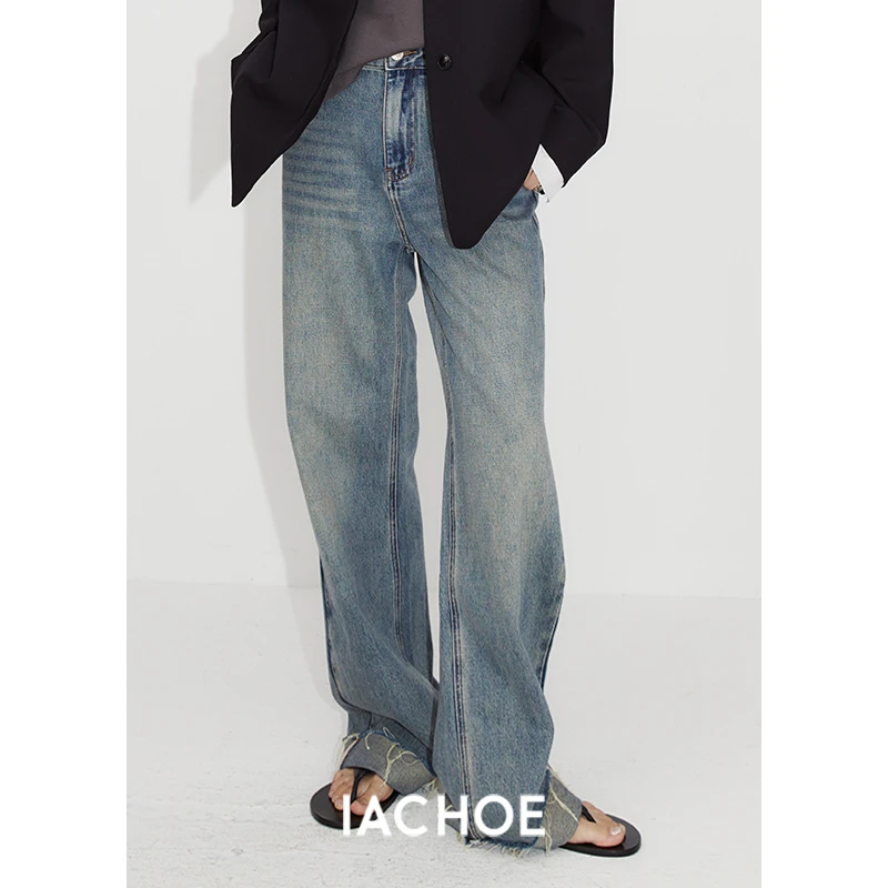IACHOE【刘雯】复古回潮高街翻边牛仔裤3461519004