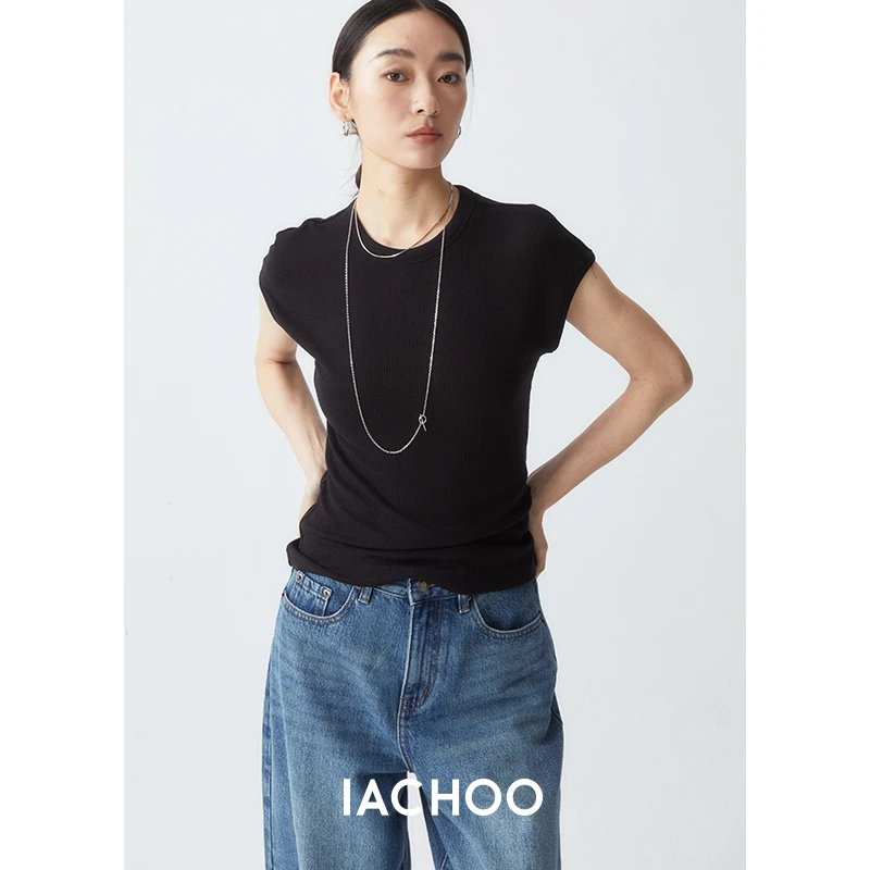 IACHOE短袖坑条T恤纯色圆领套头夏季3431501002；3431301006