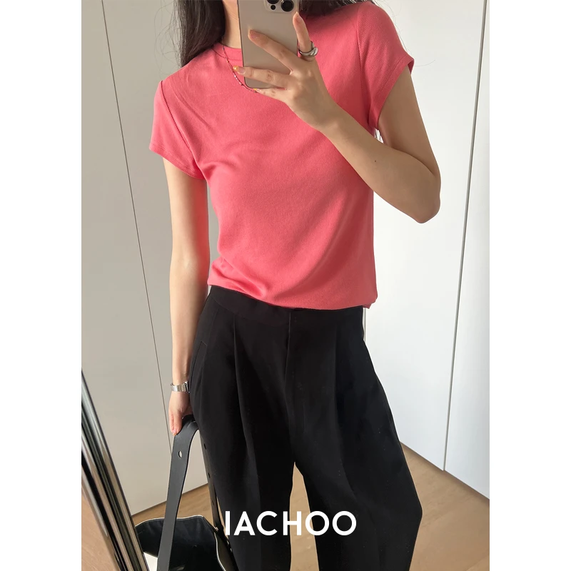 IACHOE 【多巴胺】短袖坑条T恤纯色圆领套头夏季3431501006显瘦