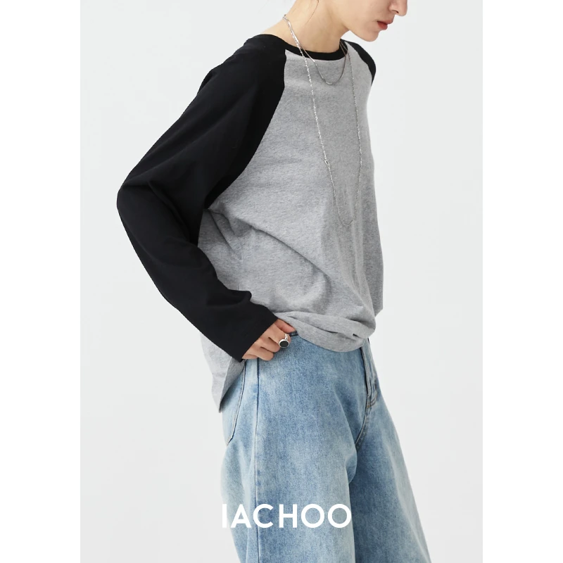 IACHOE【努力号】黑灰撞色插肩袖百搭T恤3421301001