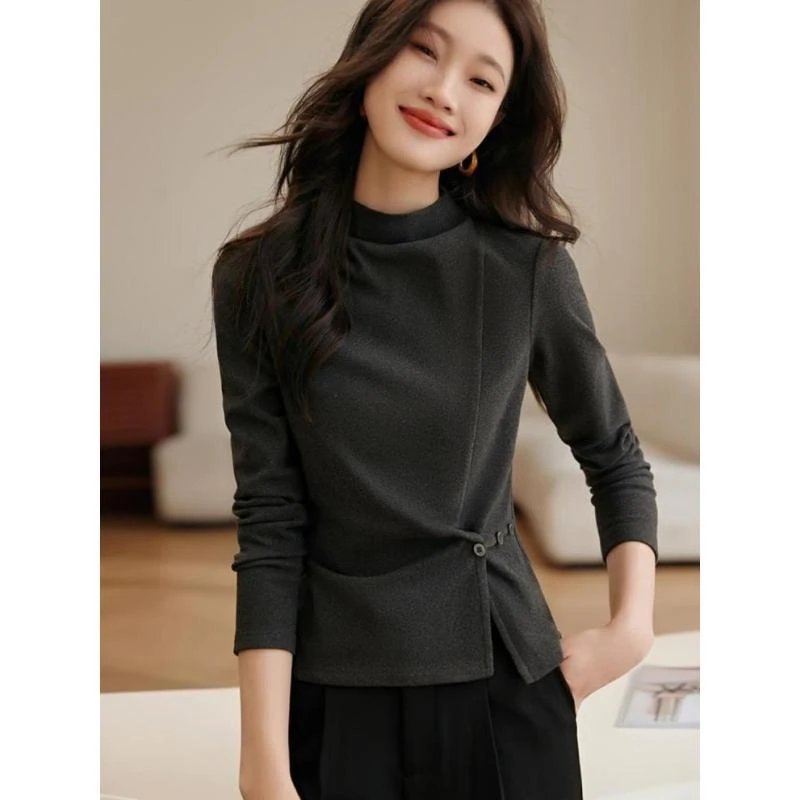 9563打底衫T恤女春秋新款时尚洋气通勤百搭显瘦上衣黑色修身气质