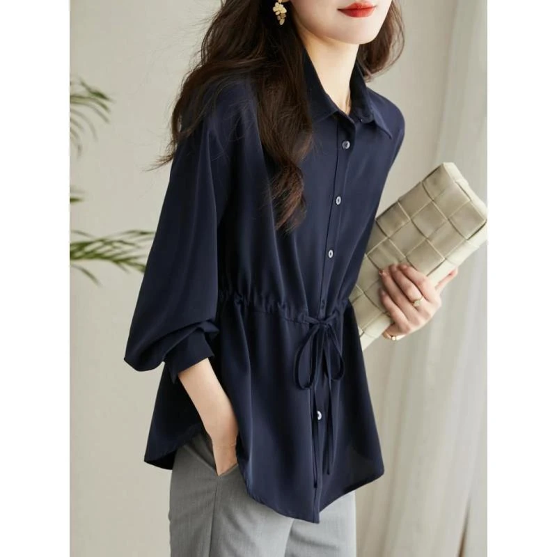 9341新款雪纺衬衫春装洋气抽绳设计感上衣减龄舒适长袖漂亮小衫女