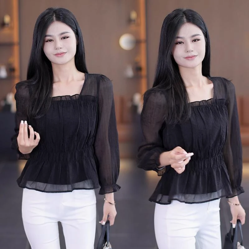 2025春装新款长袖上衣女韩版洋气小小众气质女装收腰雪纺女打底衫