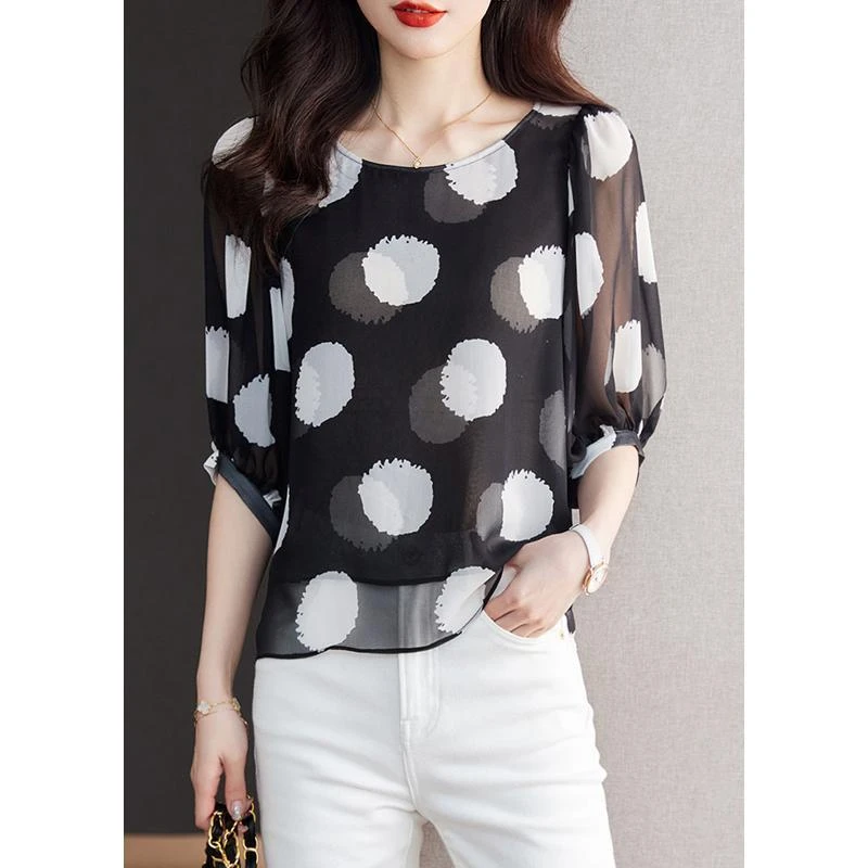 【乔其纱面料】9403时尚新款洋气小衫女减龄优雅高级感圆领雪纺衫