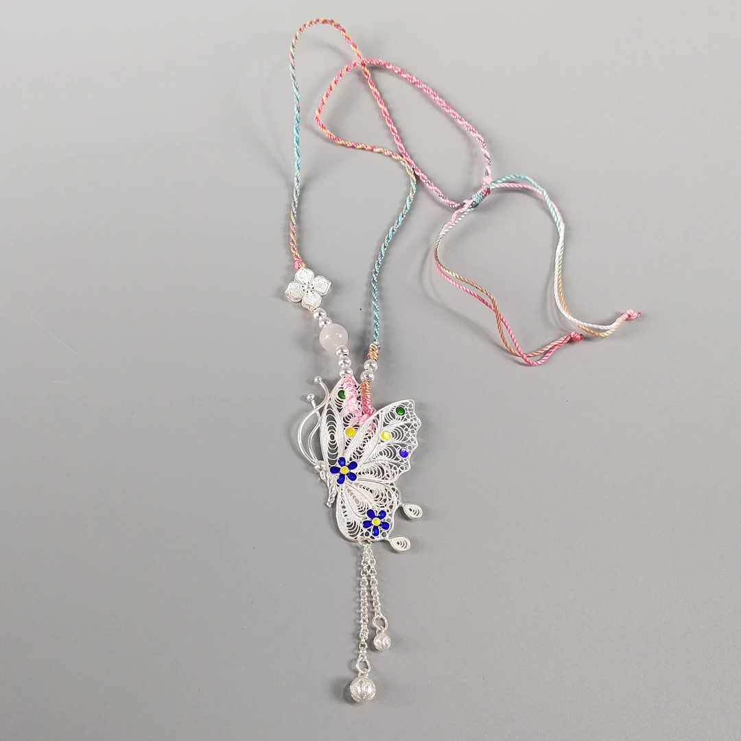 吊坠足银 佬银匠 纯手工足银蝴蝶珐琅彩绣球彩色编织带足银项链